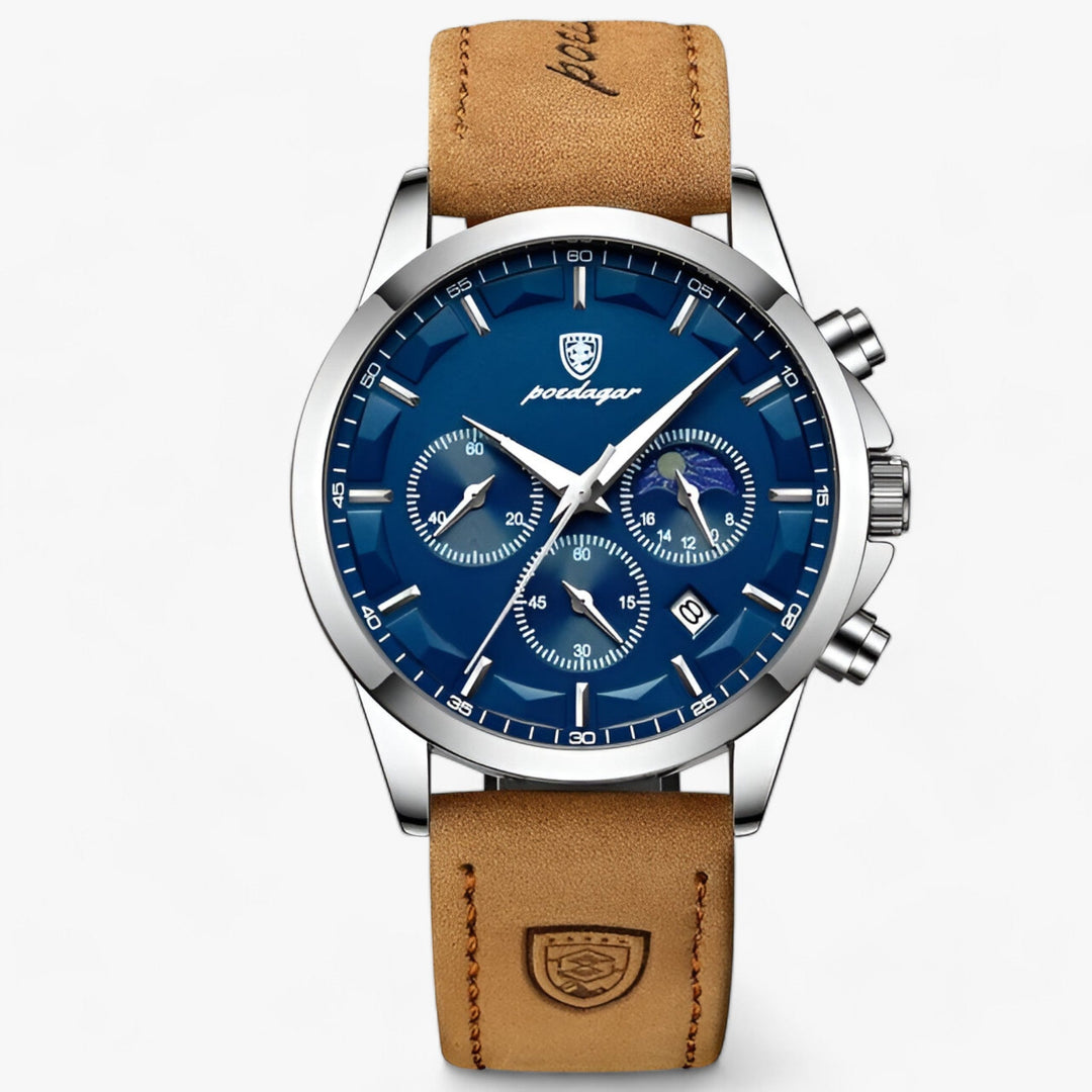 Waterproof men's watch. Classic silver titanium steel case, black dial, and a rich brown leather strap.