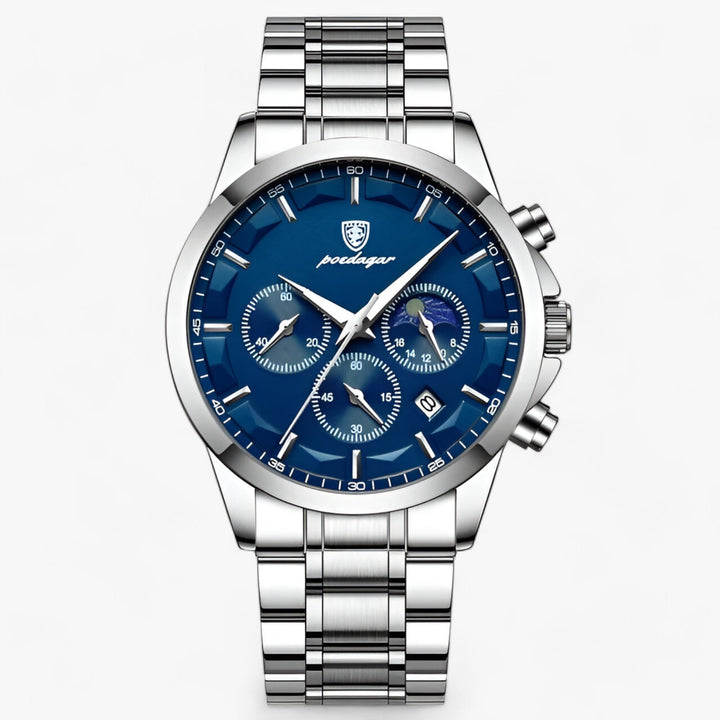 Sophisticated men's luxury waterproof watch, ideal for business or casual wear, with a sleek leather strap.