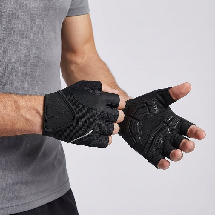 Detailed view of the anti-slip palm on black breathable mesh cycling training gloves, GripGlide model.