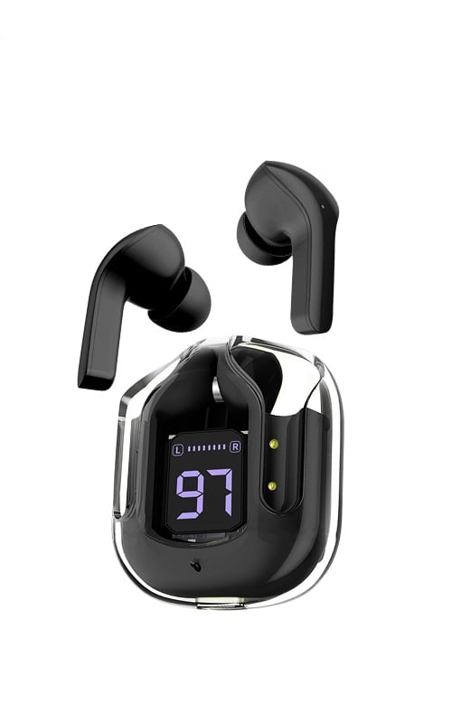 Close-up of sleek black wireless Bluetooth earbuds in their charging case.
