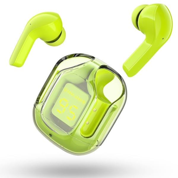 User wearing wireless in-ear headphones, enjoying music with dynamic sound.