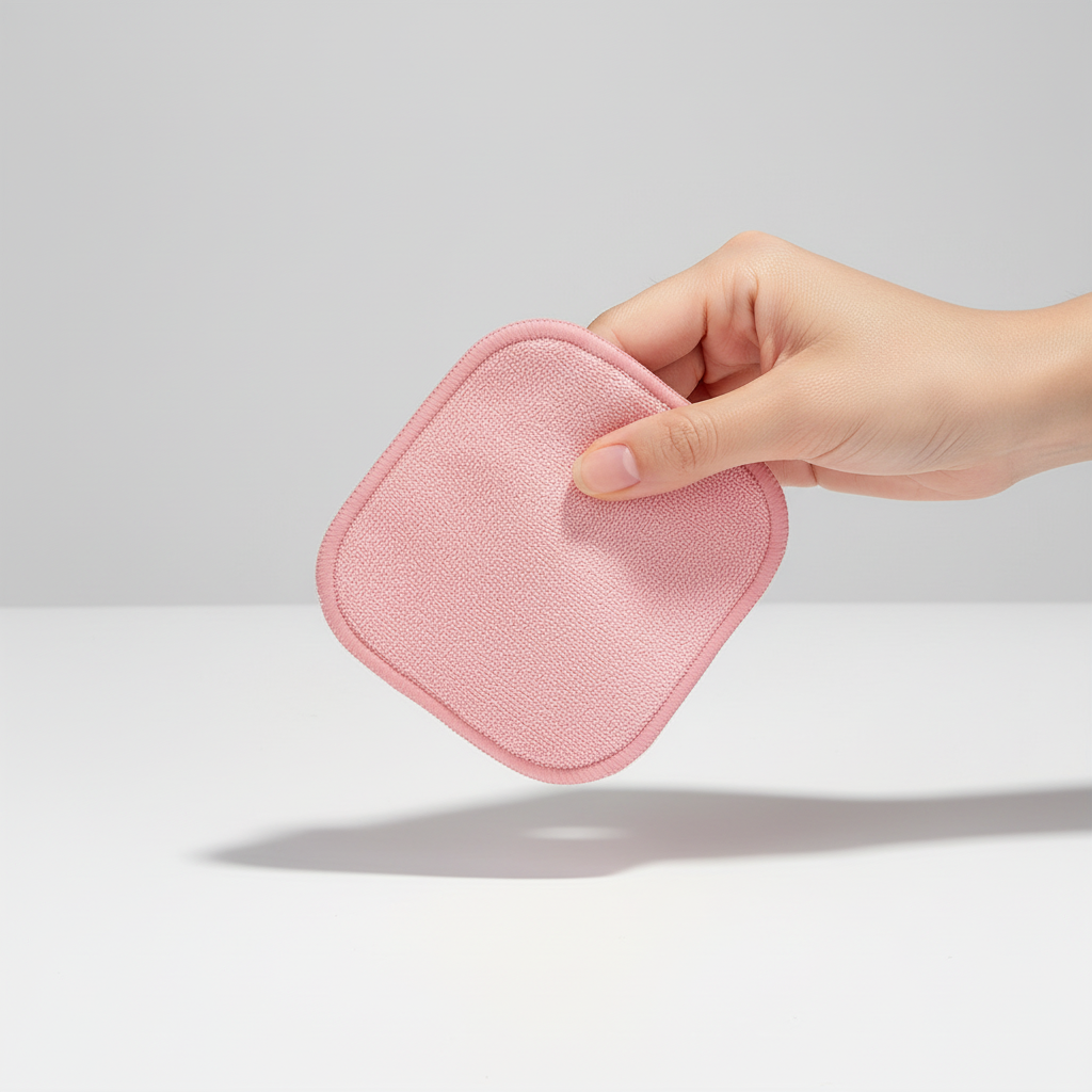 Stack of eco-friendly reusable bamboo facial cleansing pads with a single pad unfolded, ideal for makeup removal