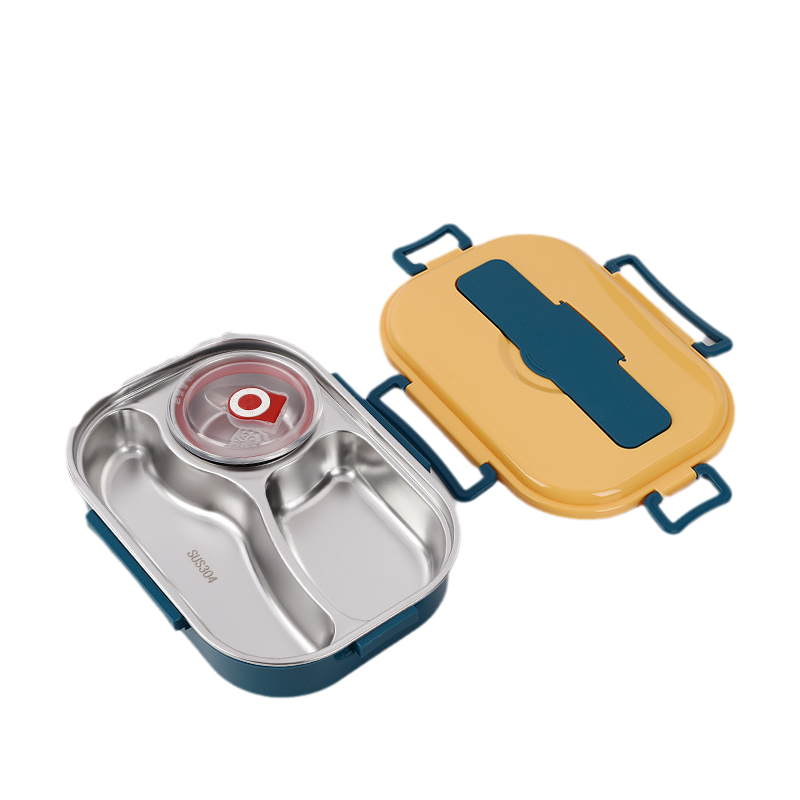 Open view of the stainless steel bento box showing internal food compartments for easy packing.