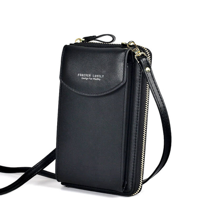 Frontal view of a women's compact PU leather bag, designed as a crossbody shoulder bag, adjustable strap.