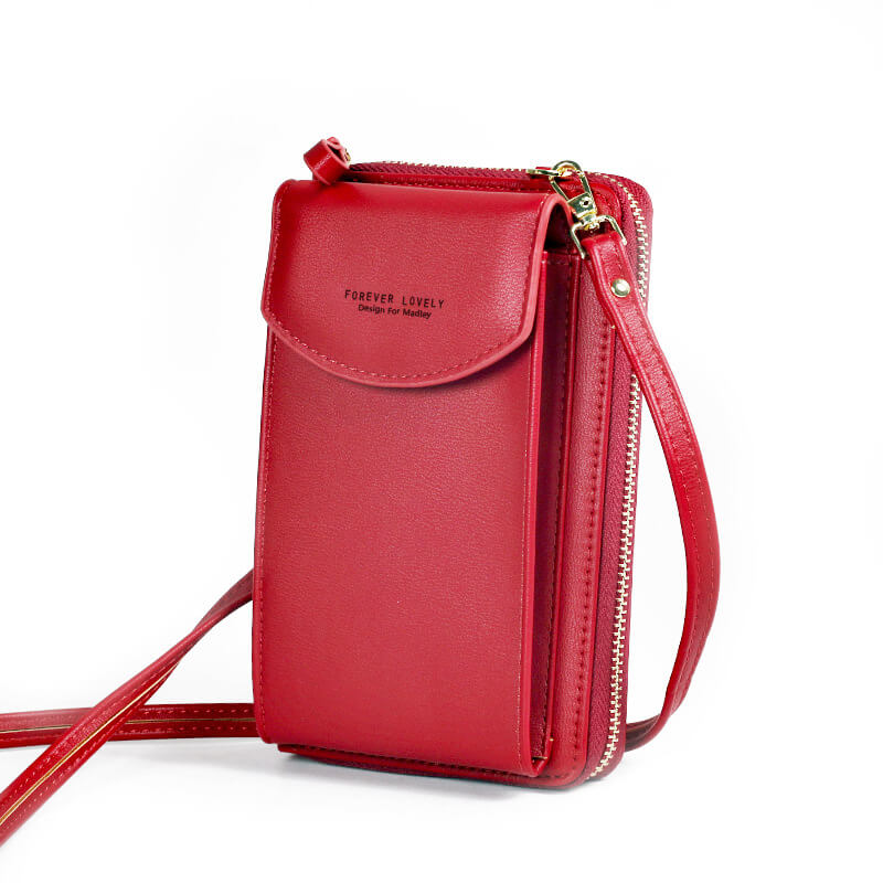 Front view of women's PU leather crossbody bag, adjustable for shoulder wear, modern and sleek.