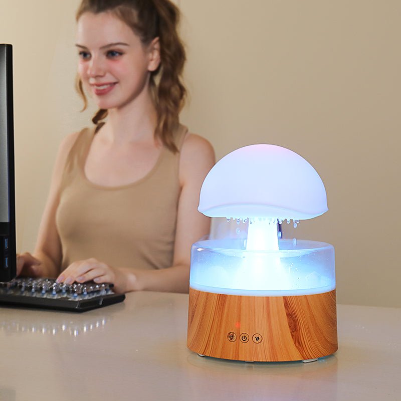 RainGlow cloud humidifier & essential oil diffuser. Ambient light & rain sound for aromatherapy, relaxation & decor.