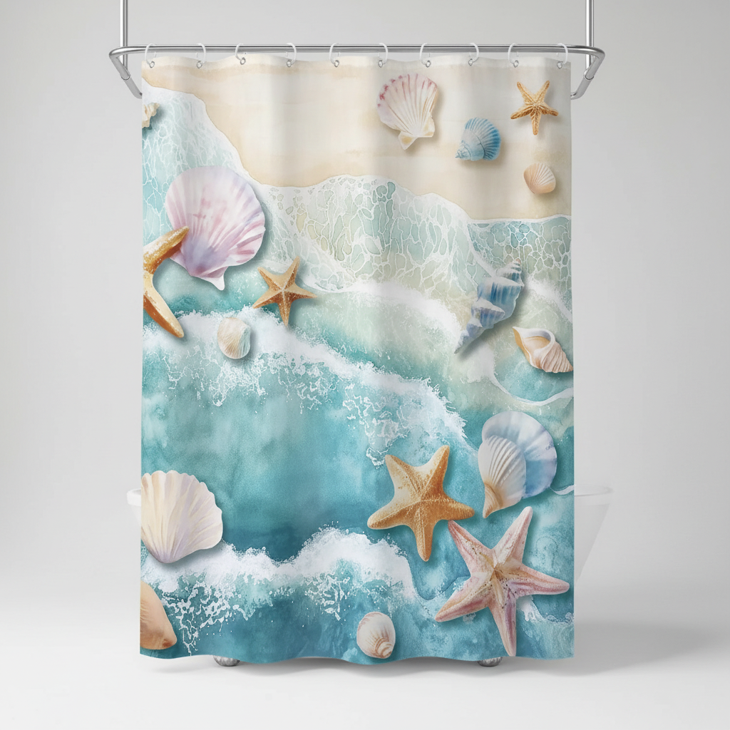 Coastal waterproof shower curtain, polyester, featuring a dynamic blue wave motif