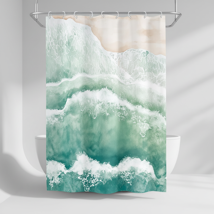 Waterproof polyester shower curtain featuring an elegant blue wave pattern, home decor
