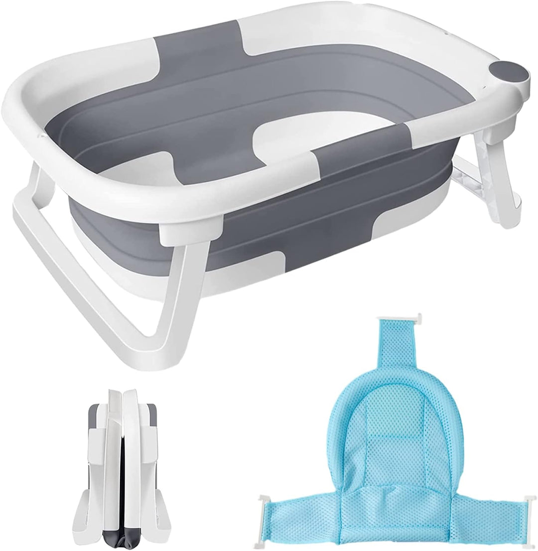 Collapsible baby bath tub with blue net, ideal for newborn and infant bathing, portable travel baby gear