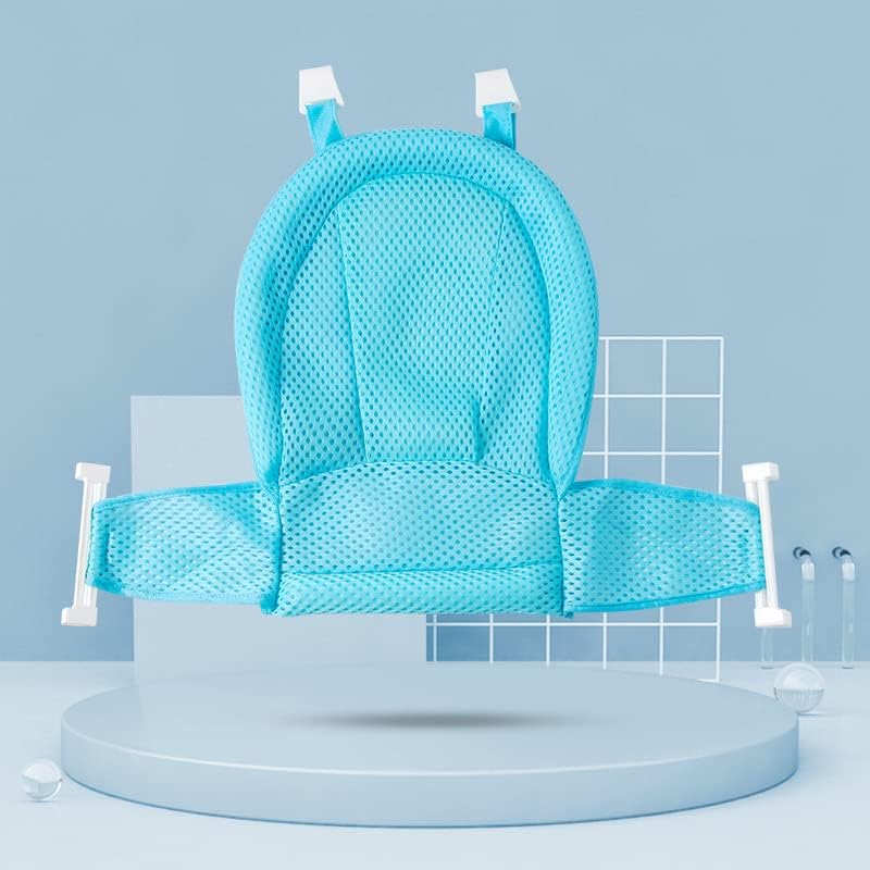 Aqua collapsible baby bath tub with white bath net, safety-focused design for toddlers and infants
