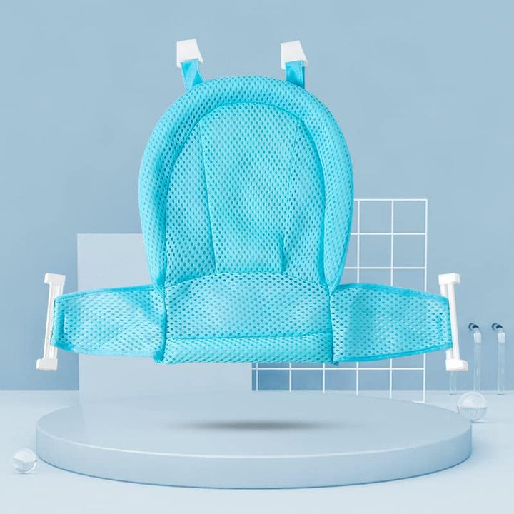 Aqua collapsible baby bath tub with white bath net, safety-focused design for toddlers and infants