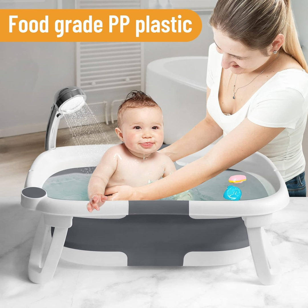 Collapsible baby bath tub showing integrated bath net, essential for safe and comfortable infant bathing