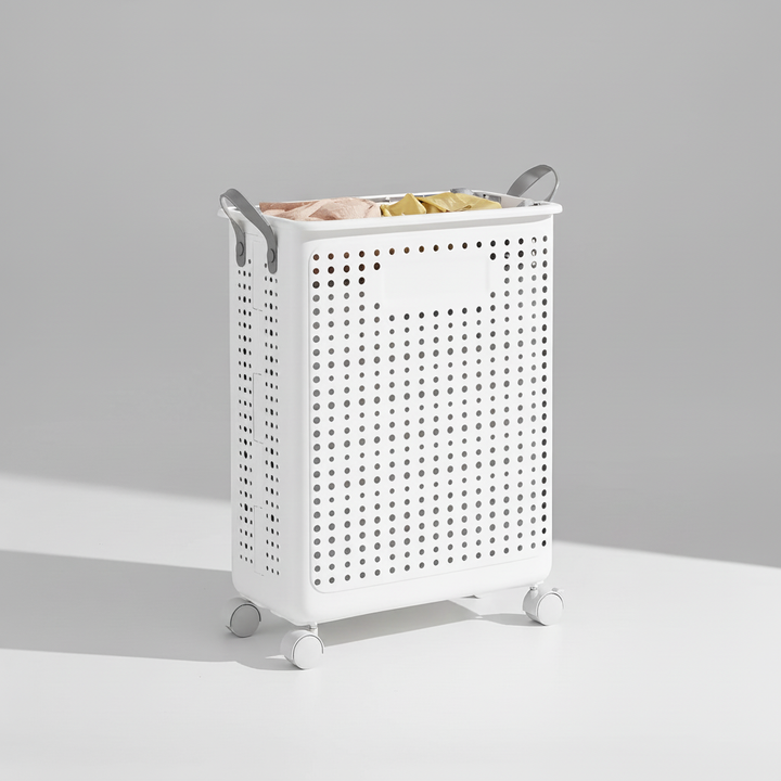 Foldable laundry hamper with aluminum frame and rolling wheels, empty, ready for use.