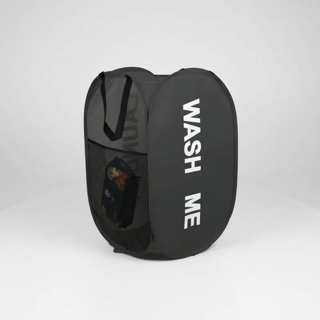 Portable mesh laundry hamper for tight spaces, ideal for easy transport of clothes.