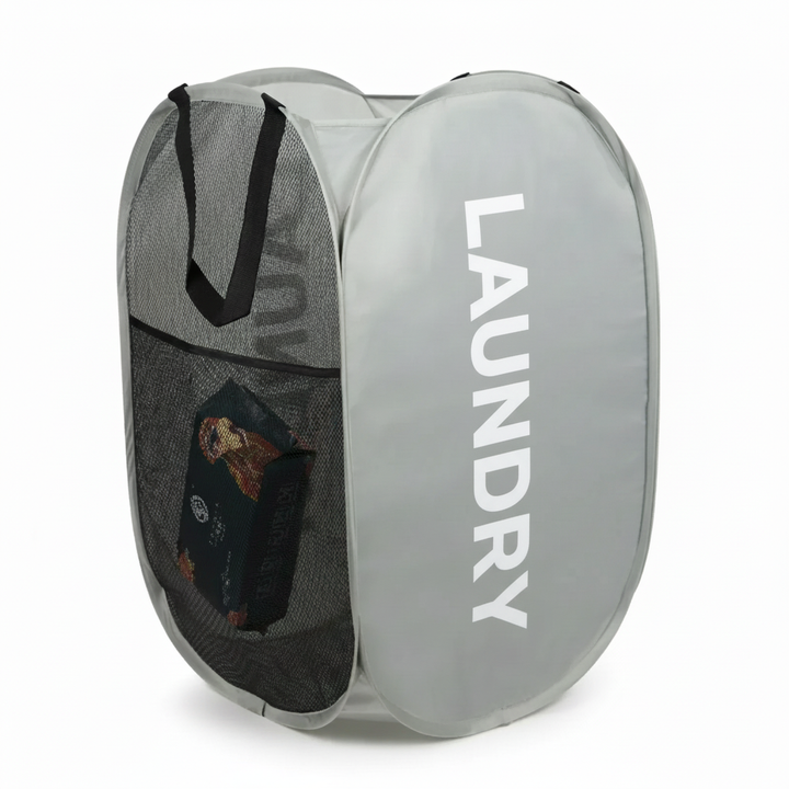 Space-saving collapsible mesh hamper in a folded state, showing its compact design.