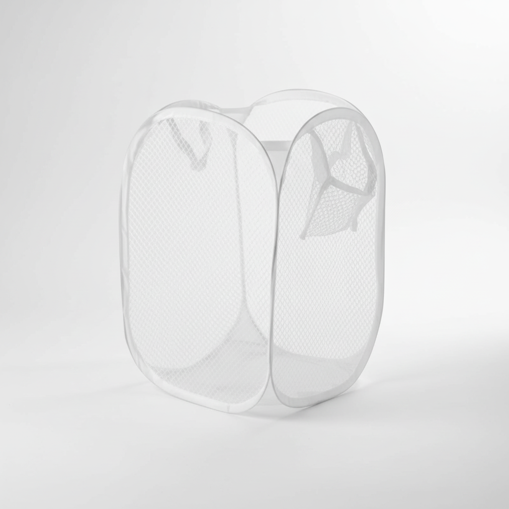 Collapsible mesh laundry hamper holding a load of clothes, demonstrating its capacity.