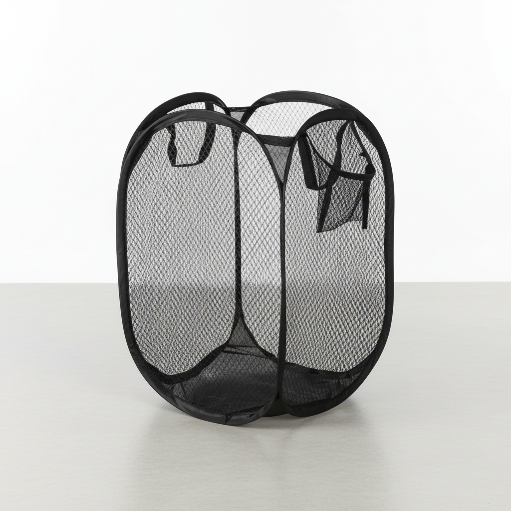 Mesh laundry hamper in a bathroom setting, showcasing its organization utility.