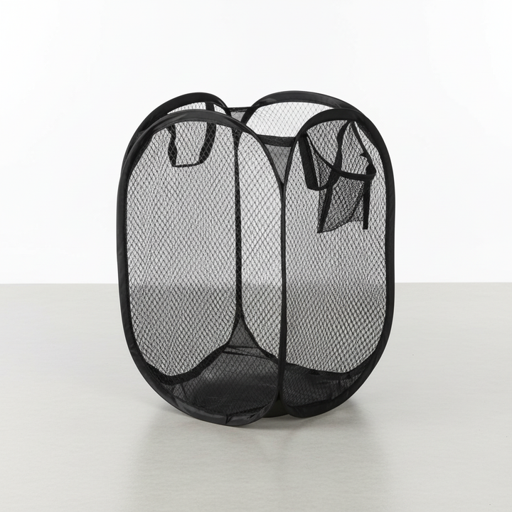 Mesh laundry hamper in a bathroom setting, showcasing its organization utility.