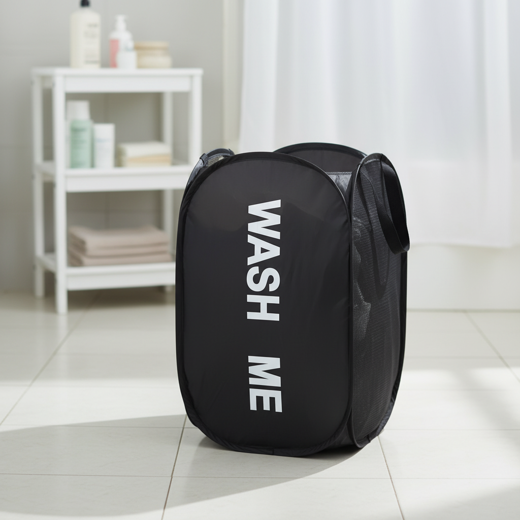 Collapsible mesh laundry hamper with handles, ideal for bedroom storage