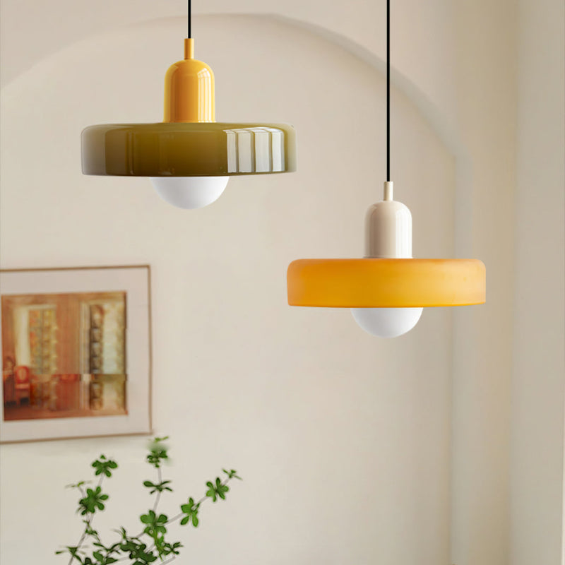 Vivid multi-color glass pendant, Bauhaus inspired ceiling fixture for modern homes.
