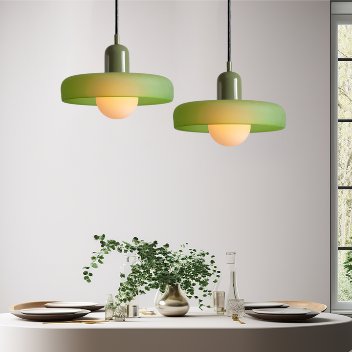 Unique colorful glass ceiling light, Bauhaus design pendant for modern interiors.