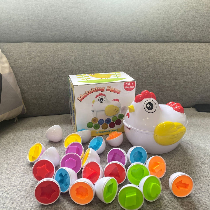 Educational toy: kids solve shape & color puzzles with interactive matching eggs; learning game.