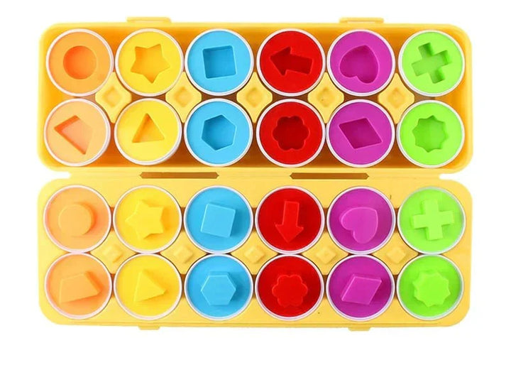 Learning toy: kids match bright colors & unique shapes with educational eggs; preschool activity.