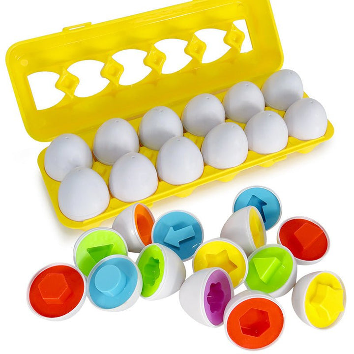 Kids learning to sort and match colors & shapes with these engaging educational toy eggs.