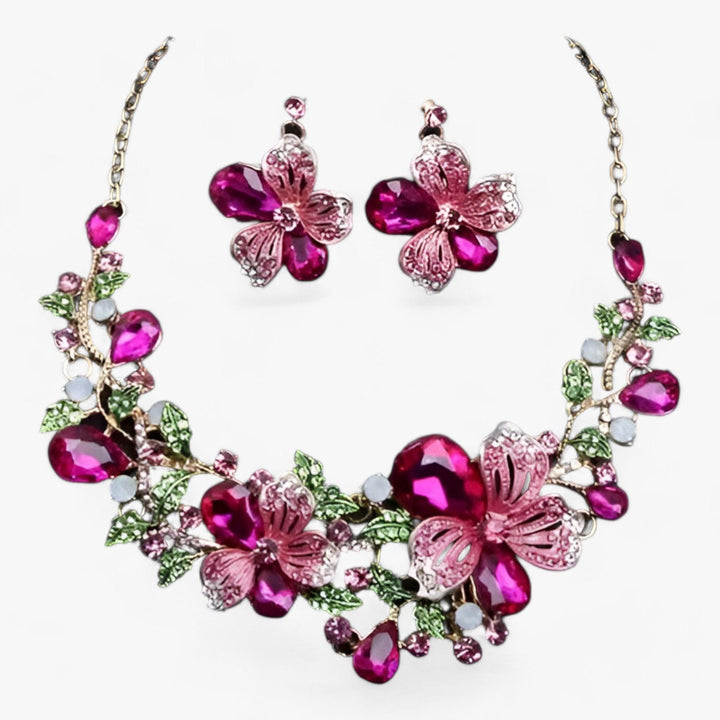 Beautiful enamel flower bridal jewelry set, including a matching necklace and dangle earrings for women.