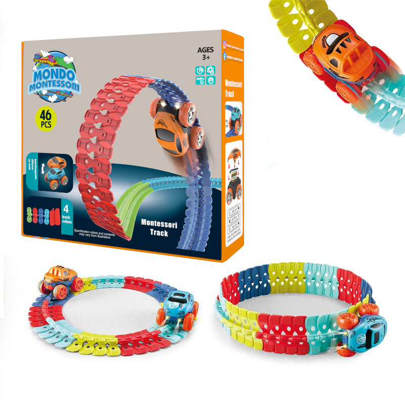 Flexible race track building set for kids; easy-to-assemble pieces allow endless creative track designs & play.