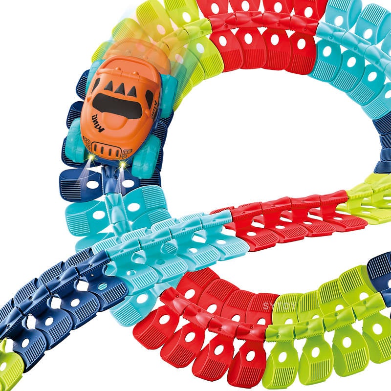 Durable kids' flexible race track play set with colorful pieces, perfect for creative car racing & STEM building.