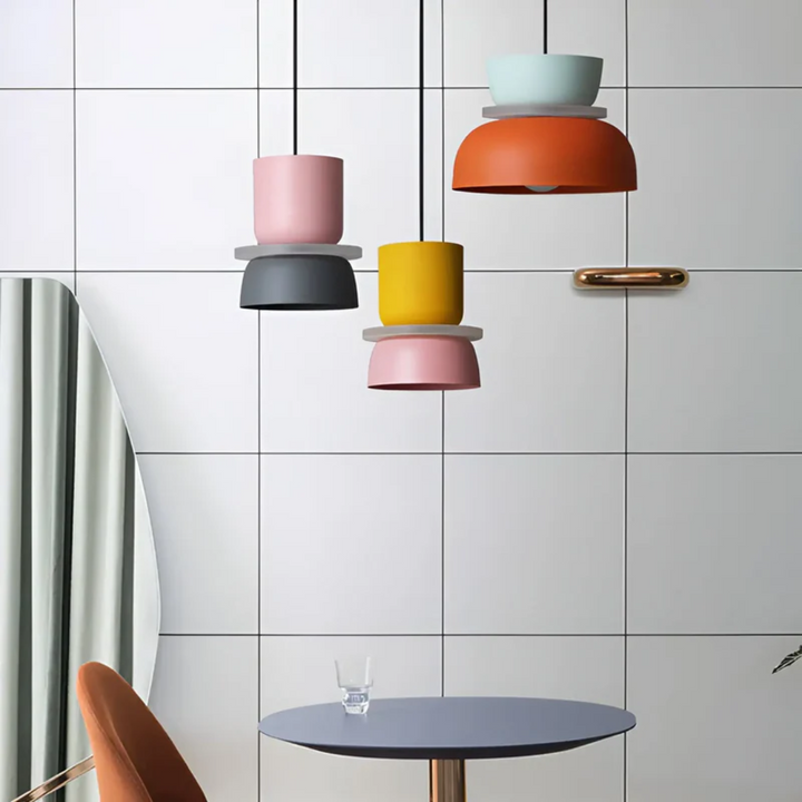 Energy-efficient LED pendant lamp, colorful macaron design for modern kitchen lighting.