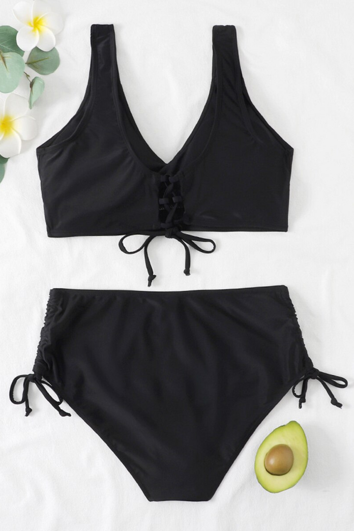 Women's colorful twist front bikini set, drawstring bottoms. Ideal beach, pool & vacation swimwear.