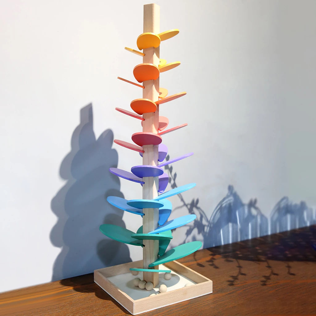 Interactive wooden rainbow sound tree, a perfect kids' gift for educational marble run fun, sensory & early learning.