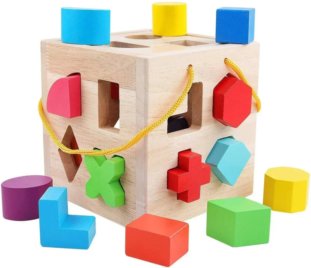 Colorful wooden shape sorter cube for toddlers, promoting early learning, fine motor skills & color recognition. Educational toy gift.