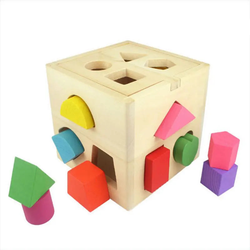 Preschool wooden shape sorter toy, developing cognitive skills, color recognition & fine motor skills for young learners.