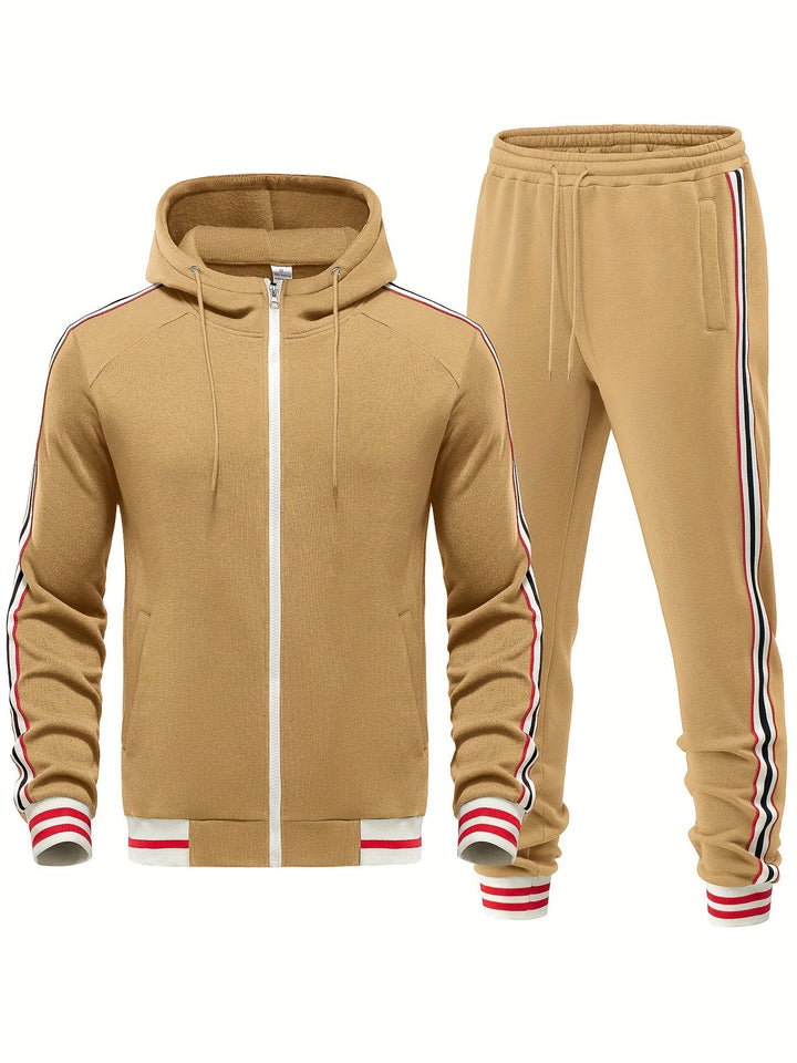 Stylish men's fashion tracksuit set, including a comfortable hoodie and jogger pants. Versatile activewear.
