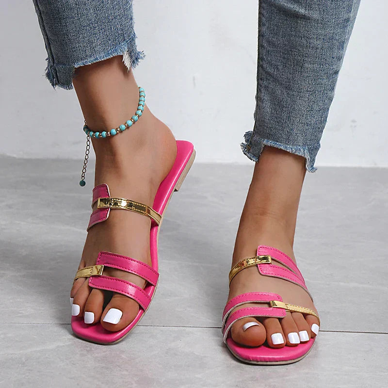 Elegant open toe summer sandals, comfortable slip-on flat style for women's warm weather.