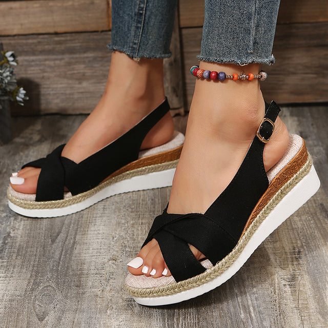 Trendy Romy women's platform wedge sandals, a fashionable choice for comfortable summer footwear.