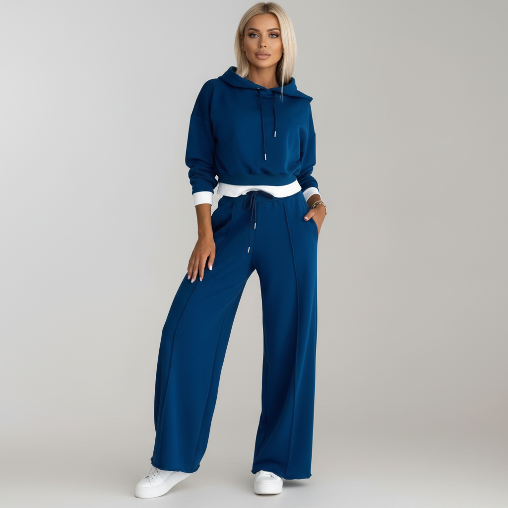Casual women's loungewear set: a soft hoodie paired with flattering wide leg pants