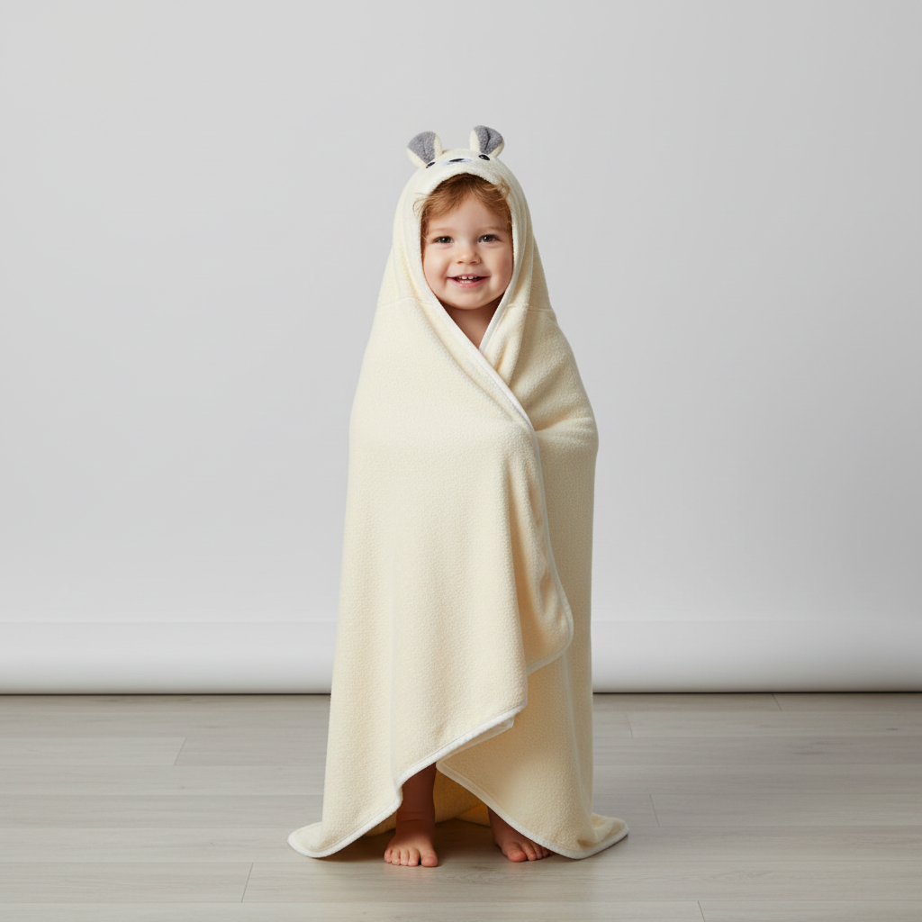 Baby bath essential: ComfortCloth hooded towel, absorbent and soft, makes drying fun for children