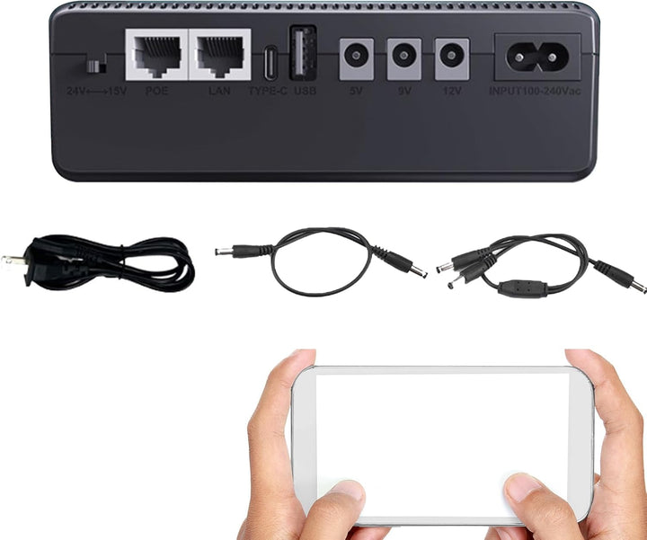 Compact 10400mAh UPS backup power supply for routers and modems, black finish