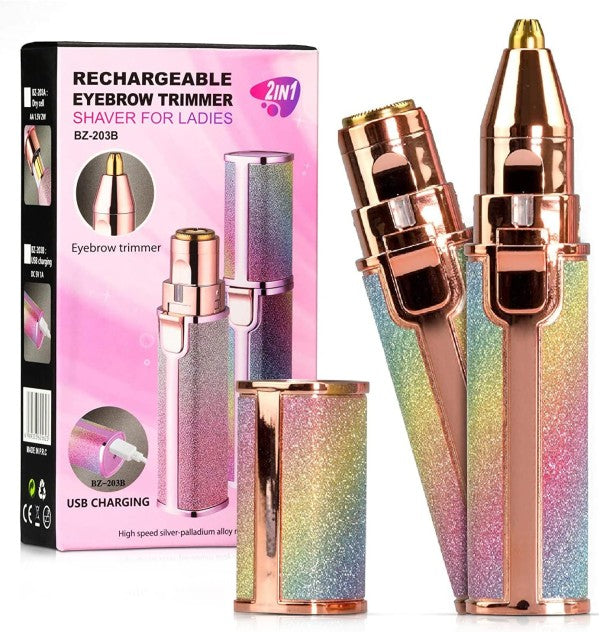 Portable 2-in-1 epilator in hand, showing compact design for on-the-go facial hair removal & brow trimming.