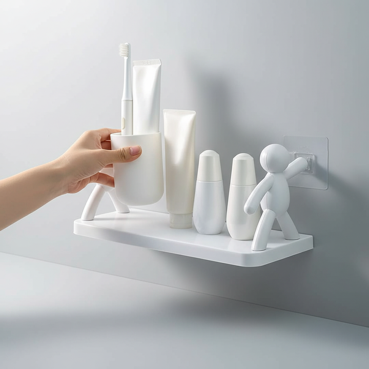 Playful design white wall shelf, compact and self-adhesive, great bathroom organizer