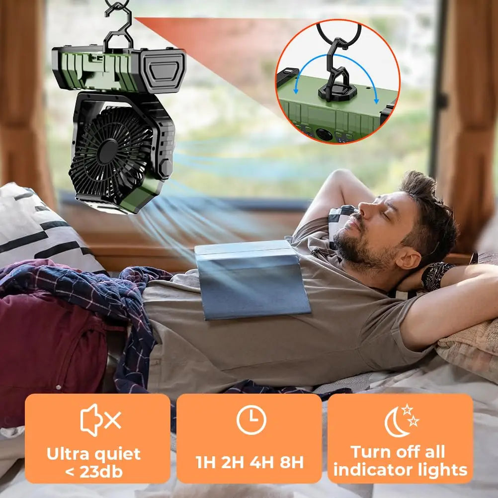 Portable AirMate camping fan with remote control, integrated LED light & powerful battery.