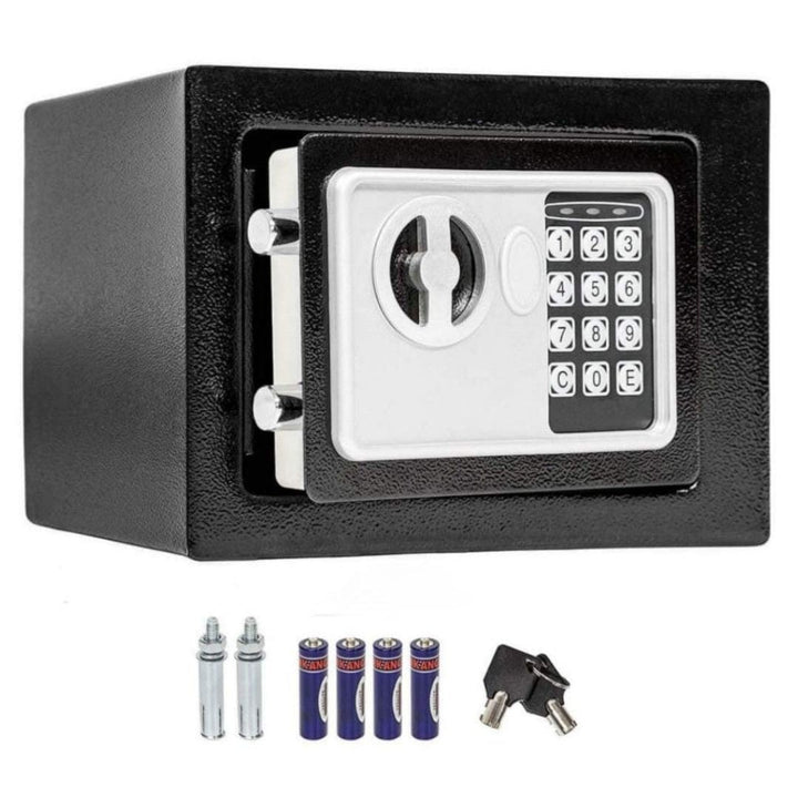 Compact digital home security safe (6L) with key & PIN code access for valuables, ideal for office or personal use.