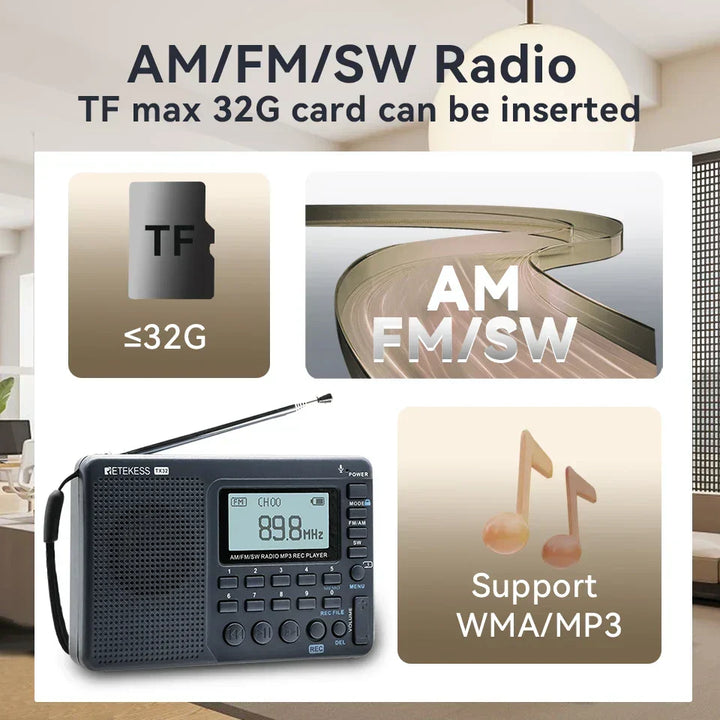 EchoWave digital AM/FM/SW radio with strong bass speaker for clear shortwave and broadcast audio.