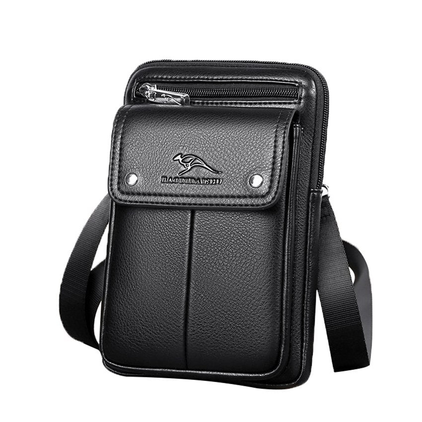 Compact men's PU leather crossbody bag in black, ideal for daily essentials & hands-free convenience.