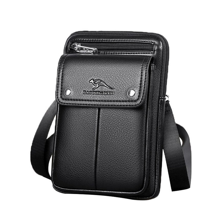 Compact men's PU leather crossbody bag in black, ideal for daily essentials & hands-free convenience.