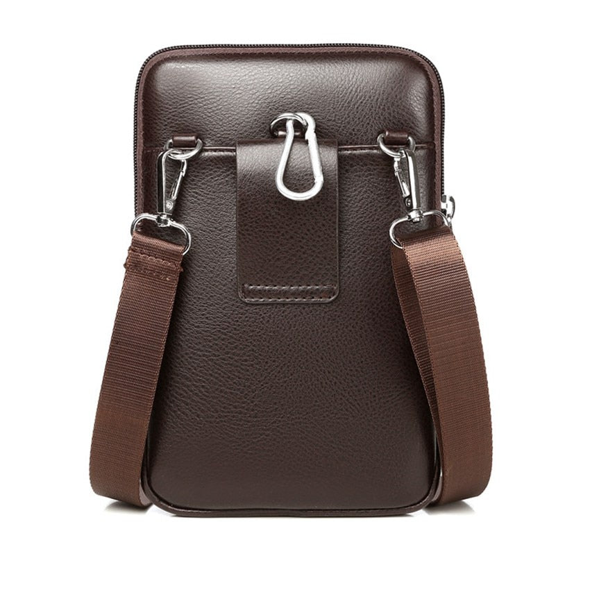 Black PU leather messenger bag for men, offering hands-free convenience and sleek, compact style.